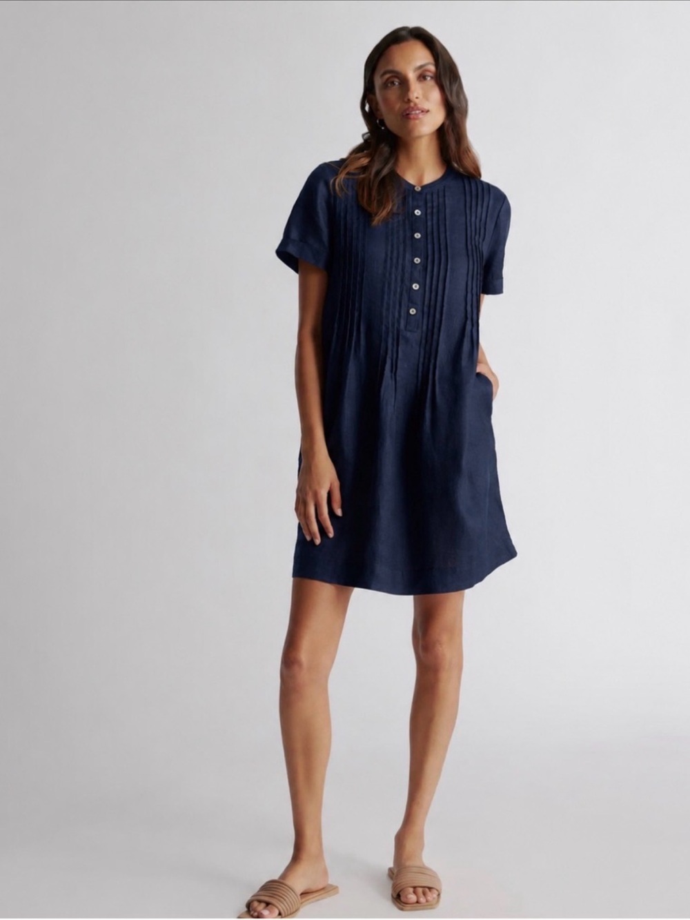 Quince European Linen Short Sleeve Swing Dress XL Deep Navy Pockets Quiet Luxury